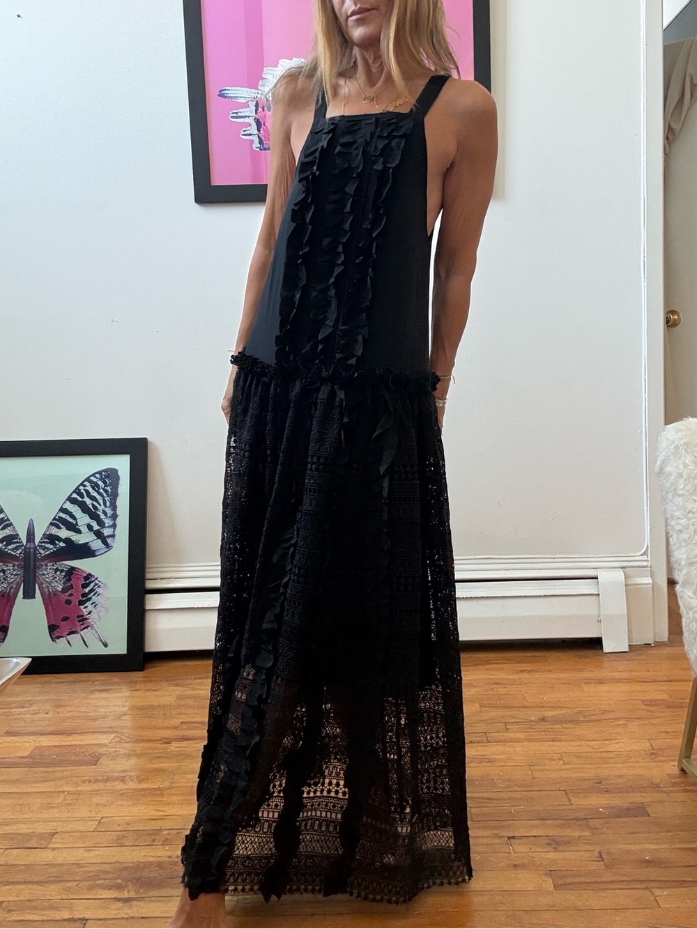 Marissa Webb Black Ruffled lace Maxi Dress with Crochet Skirt